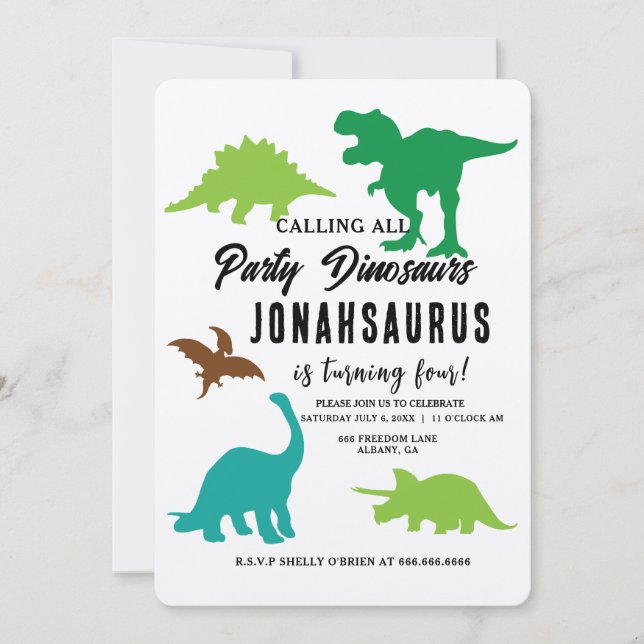 Invitation Appel à tous les dinosaures du Parti fête d'annive (Devant)