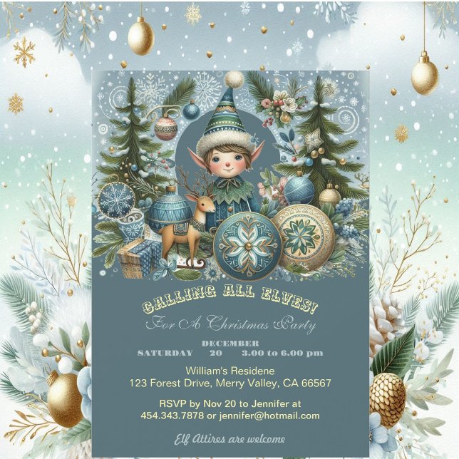 Invitation Appel à tous les elfes Snowflakes fête de Noël (Calling All Elves Snowflakes Hail Christmas Party Invitation)