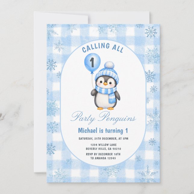 Invitation Appel à toutes les fêtes de pingouin d'anniversair (Devant)