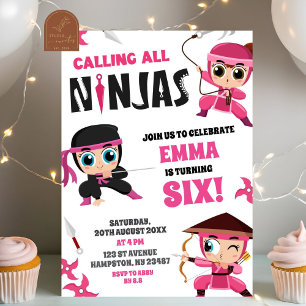 Invitation Appel à toutes les filles Ninjas roses Anniversair