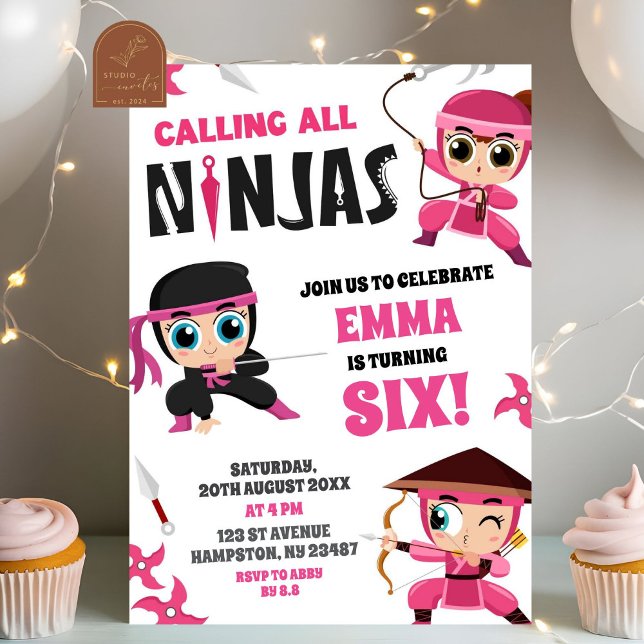 Invitation Appel à toutes les filles Ninjas roses Anniversair (Créateur téléchargé)