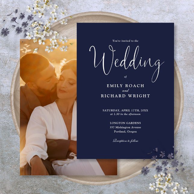 Invitation Appel de script Photo Mariage Bleu Nuit (Script Calligraphy Photo Navy Blue Wedding Invitation)