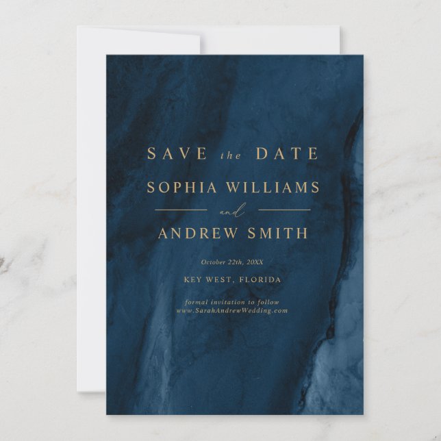 Invitation Appel doré et date de sauvegarde bleu marine (Devant)