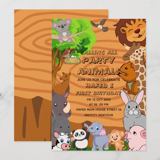 Invitation Appel éditable à tous les animaux de fête Fille de (Devant / Derrière)