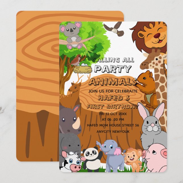 Invitation Appel modifiable à tous les animaux de fête Fille  (Devant / Derrière)