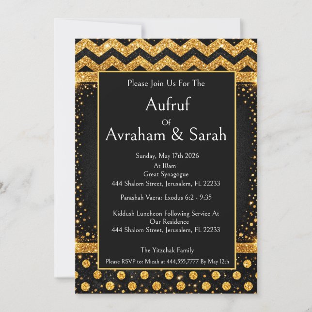Invitation Appel Or Juif Noir, Points Polka Rayures Glam (Devant)