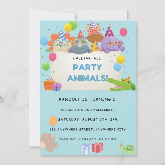 Invitation Appeler tous les animaux de fête Safari Zoo Annive (Devant)