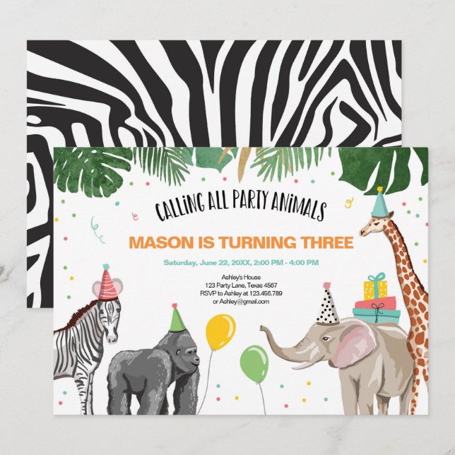 Invitation Appeler tous les animaux de fête Zoo Wild Boy Anni (Devant / Derrière)