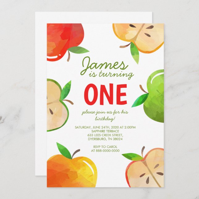 Invitation Apple 1er Anniversaire Bushel De Fun Anniversaire (Devant / Derrière)