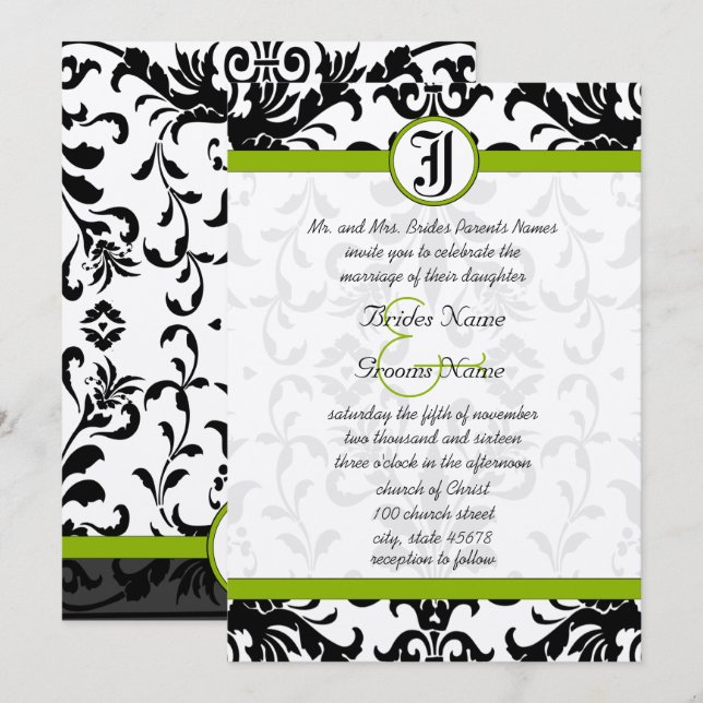 Invitation Apple Green & Black Mariage damassé (Devant / Derrière)