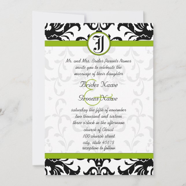 Invitation Apple Green & Black Mariage damassé (Devant)