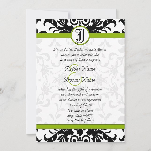Invitation Apple Green & Black Mariage damassé (Devant)
