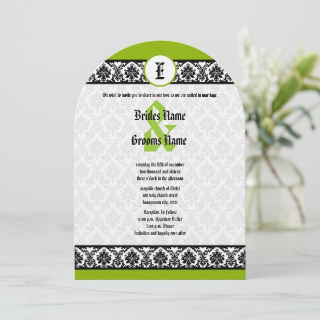 Invitation Apple Green & Black Mariage damassé (Debout devant)