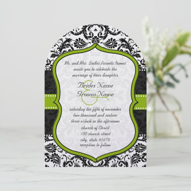 Invitation Apple Green Black Vintage Mariage damassé (Debout devant)