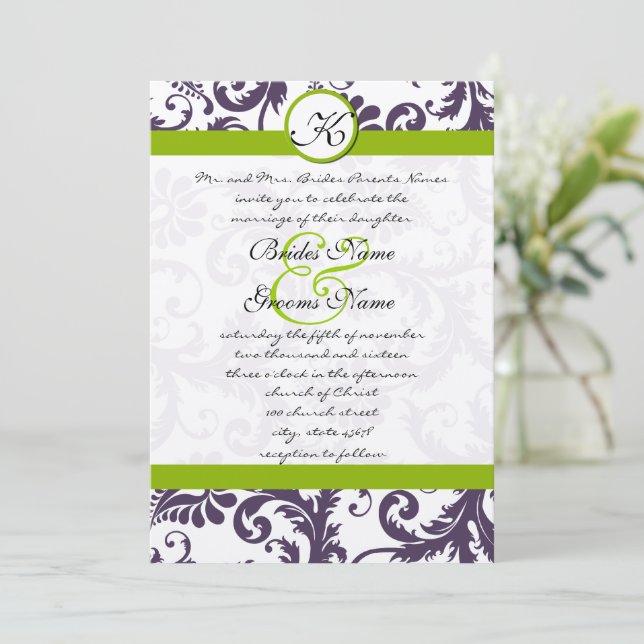 Invitation Apple Green Lapis Purple Mariage damassé Invitatio (Debout devant)