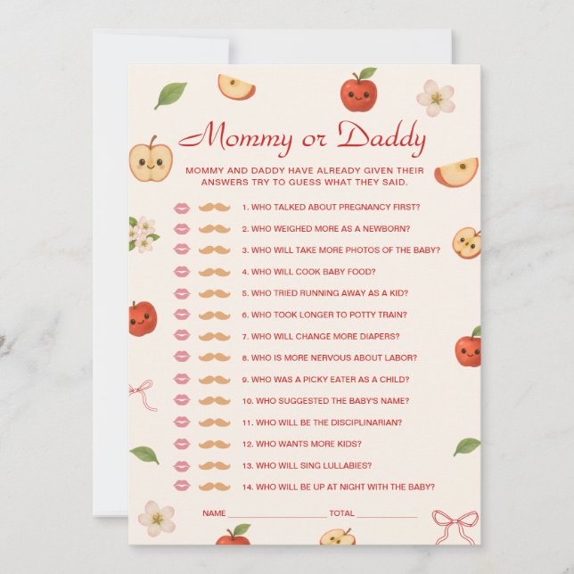 Invitation Apple of My Eye Baby shower Devinez Qui Game Card (Devant)