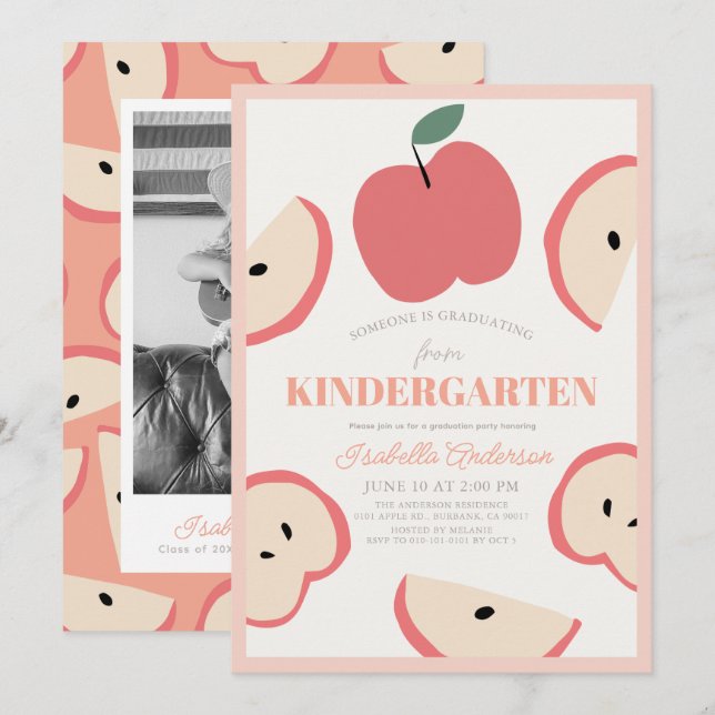 Invitation Apple Photo Rose Girl Kindergarten Graduation (Devant / Derrière)