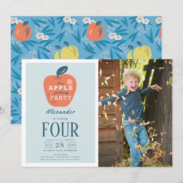 Invitation Apple Picking Blue Boy Photo Anniversaire (Devant / Derrière)