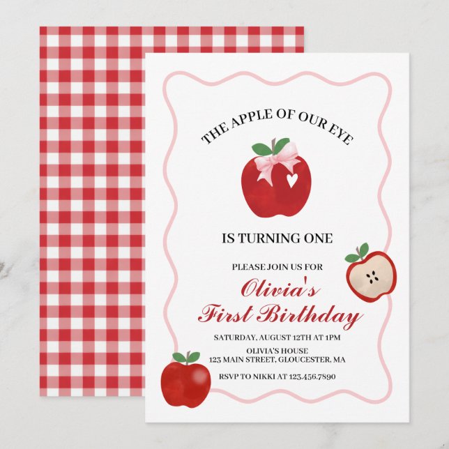 Invitation Apple Ruban Rose Préparation Coquette 1er annivers (Devant / Derrière)