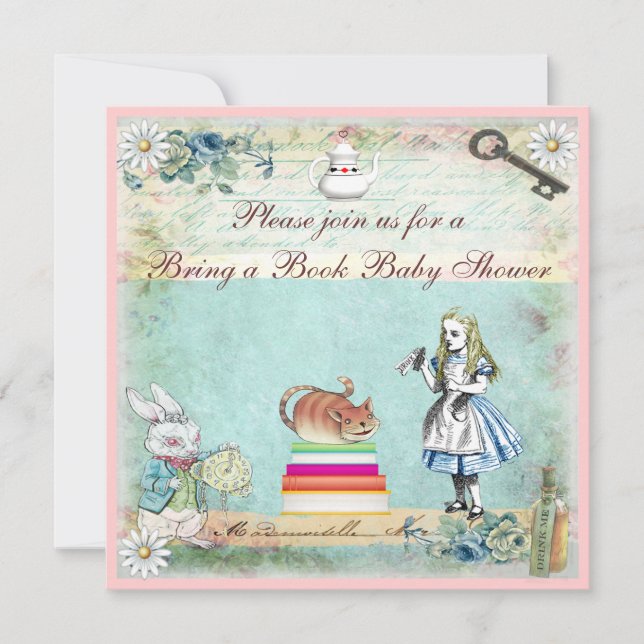 Invitation Apportez un livre Alice & Cheshire Cat Baby shower (Devant)
