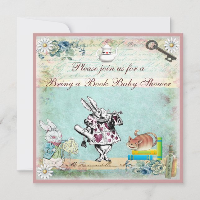 Invitation Apportez un livre Alice et le baby shower de chat (Devant)