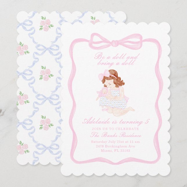 Invitation Apportez une poupée Anniversaire de la préppie gra (Devant / Derrière)
