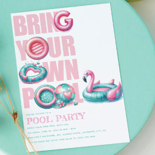 Invitation Apportez Votre Propre Fête de Piscine Rose Turquoi