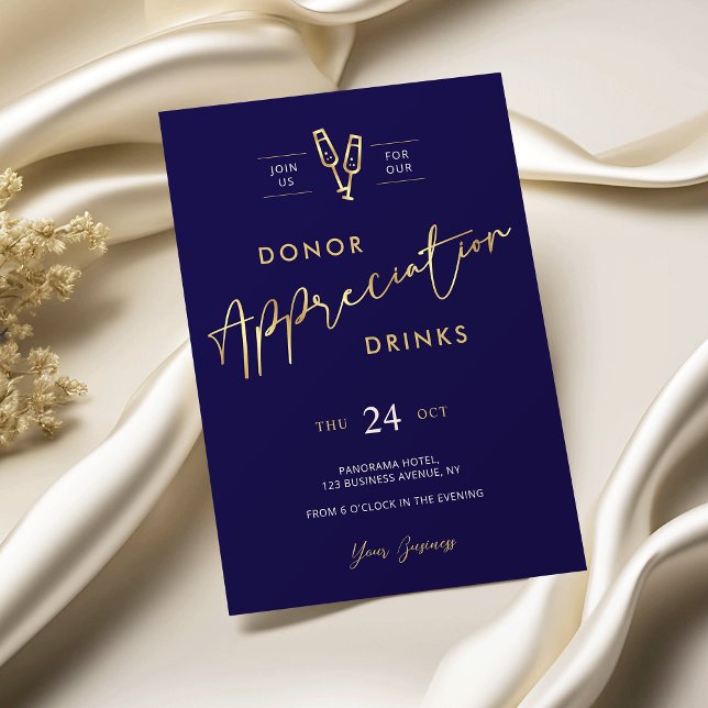 Invitation Appréciation des donateurs Marine Blue & Faux Gold (Elegant navy and gold business appreciation event invitation)