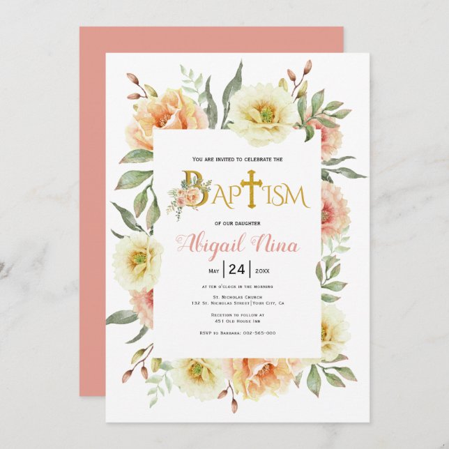 Invitation Apprivoiser les fleurs d'aquarelle fille baptême f (Devant / Derrière)