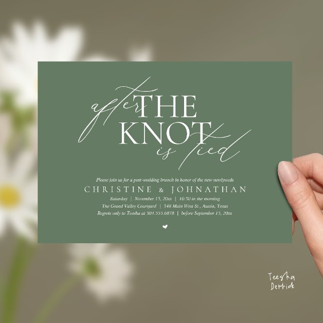Invitation Après avoir noué, brunch de fuite de noces (After The Knot Tied, Post Wedding Elopement Brunch Invitation card contemporary clean sage green)