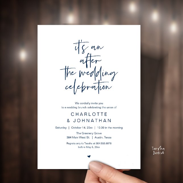 Invitation Après la célébration de mariage, brunch moderne (it's an after the wedding celebration, modern brunch invitation card in navy blue)