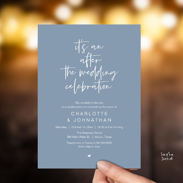 Invitation Après la célébration de mariage, brunch moderne (it's an after the wedding celebration, modern brunch invitation card in dusty blue)