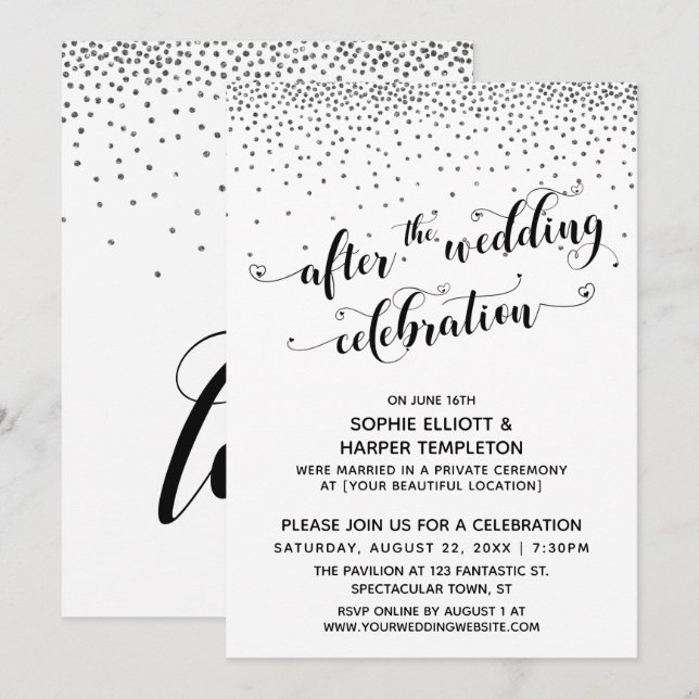 Invitation Après la célébration de mariage confettis argentés (Devant / Derrière)