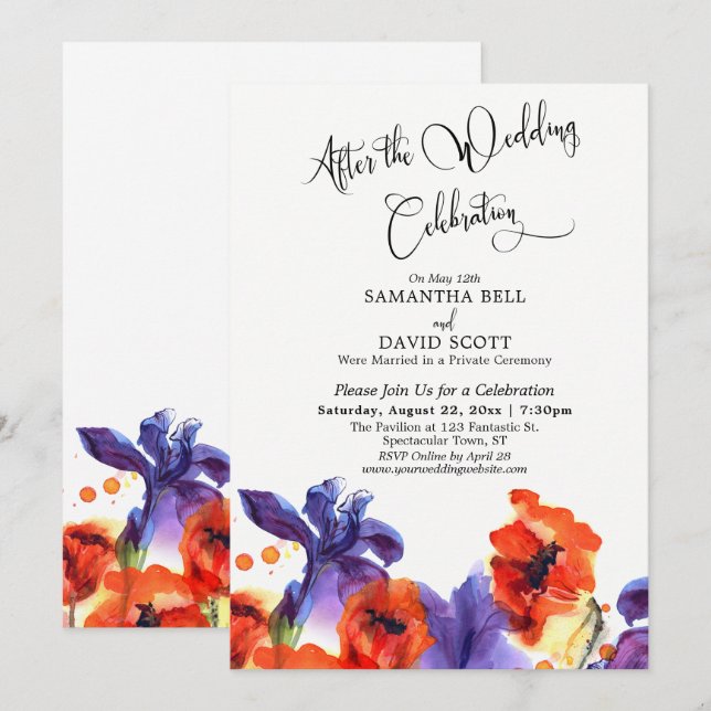 Invitation Après la célébration de mariage Coquelicots violet (Devant / Derrière)