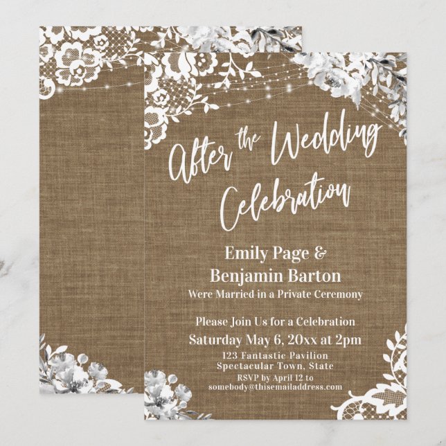 Invitation Après la célébration de mariage dentelle de jute f (Devant / Derrière)
