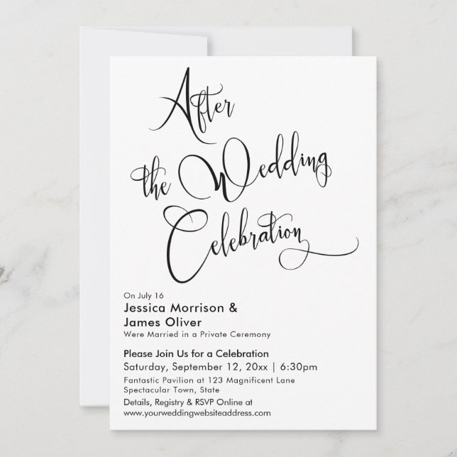 Invitation Après la célébration de mariage Noir & Blanc Scrip (Devant)