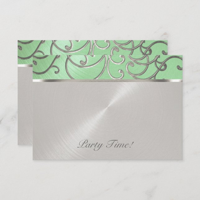 Invitation Après la fête Elegant Mint Green Silver Filigree (Devant / Derrière)