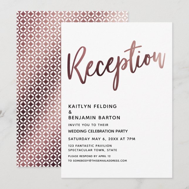 Invitation Après la typographie rose doré de réception de mar (Devant / Derrière)