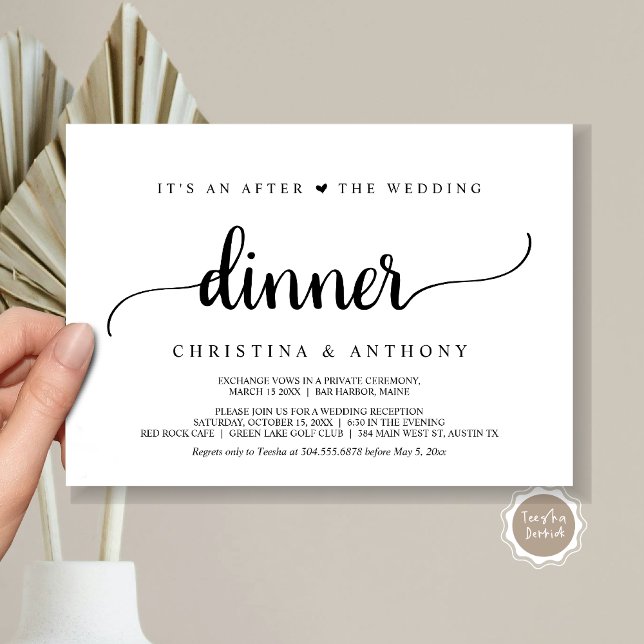 Invitation Après le dîner de mariage, évasion rustique (It's An After The Wedding Dinner, Elopement Invitation Card, Modern Rustic Script in Black & White.)