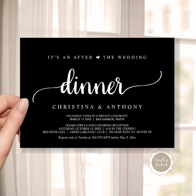 Invitation Après Le Dîner Mariage, Rustic Elopement (It's An After The Wedding Dinner, Elopement Invitation Card, Modern Rustic Script in Classy Black.)