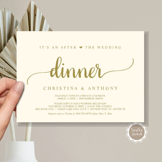 Invitation Après Le Dîner Mariage, Rustic Elopement (It's An After The Wedding Dinner, Elopement Invitation Card, Modern Rustic Script in Classy Gold.)