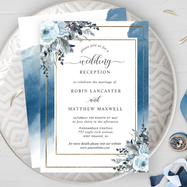 Invitation Après le Mariage, Aquarelle Bleue et Floral Bleu (Créateur téléchargé)