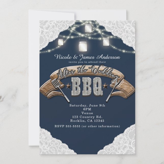 Invitation APRÈS LE MARIAGE BBQ Blue Mason Jar Lights & Lace (Devant)