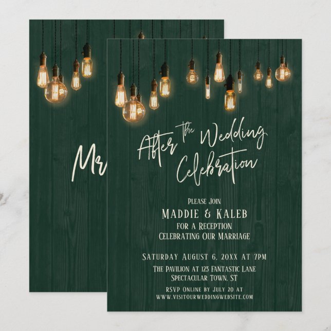 Invitation Après le Mariage Célébration Bois Vert & Lumières (Devant / Derrière)
