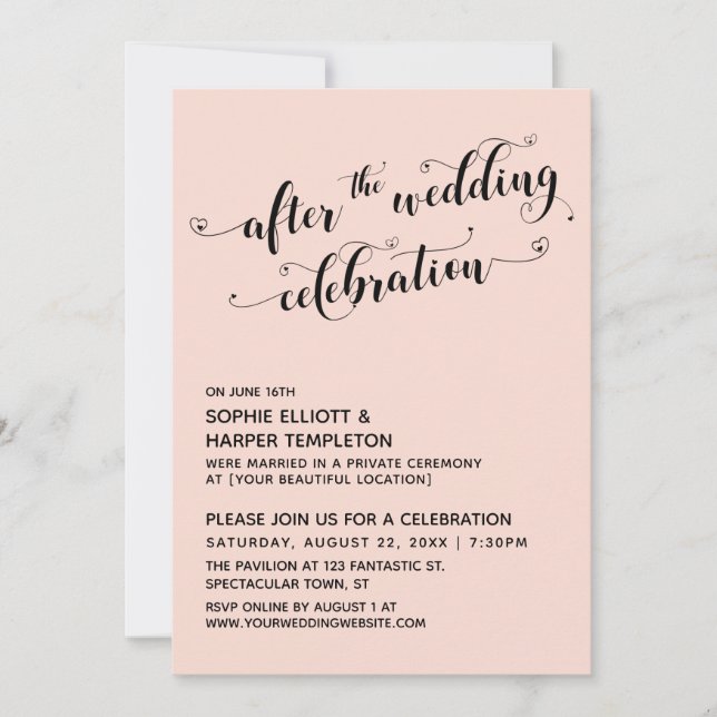 Invitation Après le Mariage Célébration Script Hearts Blush (Devant)