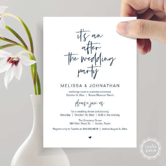 Invitation Après le mariage, Fête de Fuite Amoureuse (It's an after the wedding, Elopement dinner dancing brunch Party Invitation Card PDF Navy Blue)