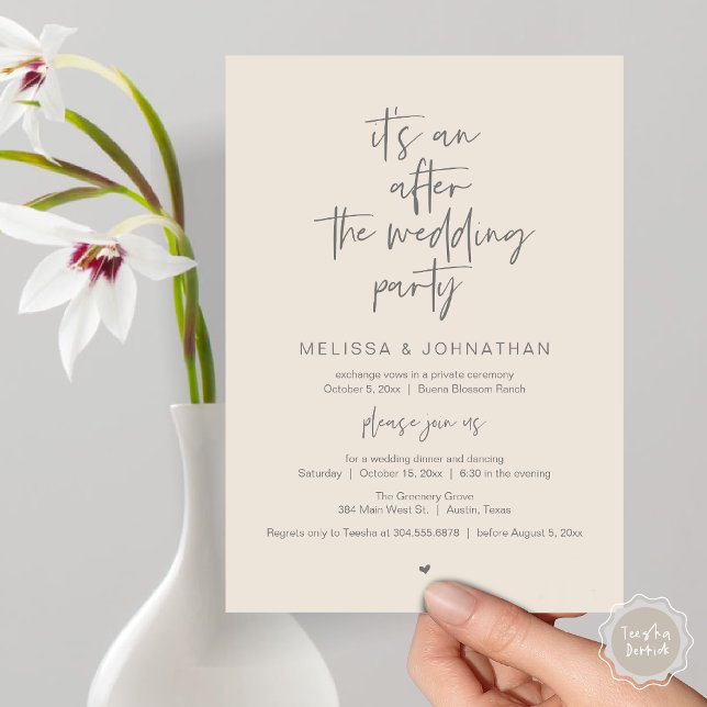 Invitation Après le mariage, Fête de Fuite Amoureuse (It's an after the wedding, Elopement dinner dancing brunch Party Invitation Card PDF Cream Grey)