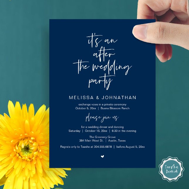 Invitation Après le mariage, Noir, Parti de l'Elopement (It's an after the wedding, Elopement dinner dancing brunch Party Invitation Card PDF Navy Blue)