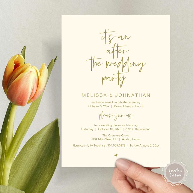 Invitation Après le mariage, Noir, Parti de l'Elopement (It's an after the wedding, Elopement dinner dancing brunch Party Invitation Card PDF Yellow Gold)