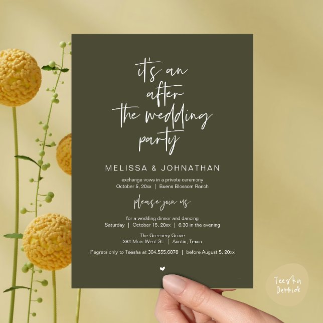 Invitation Après le mariage, Noir, Parti de l'Elopement (It's an after the wedding, Elopement dinner dancing brunch Party Invitation Card PDF Olive Green)